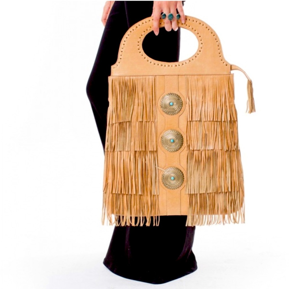 Fringe Hobo Tote in Tan with Concho Accents